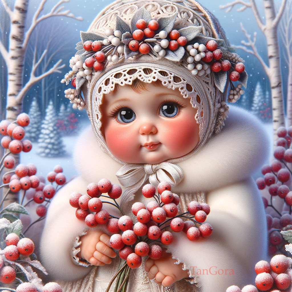 Digital Artwork: Rosy-Cheeked Baby in Snowy Landscape with Red Berries