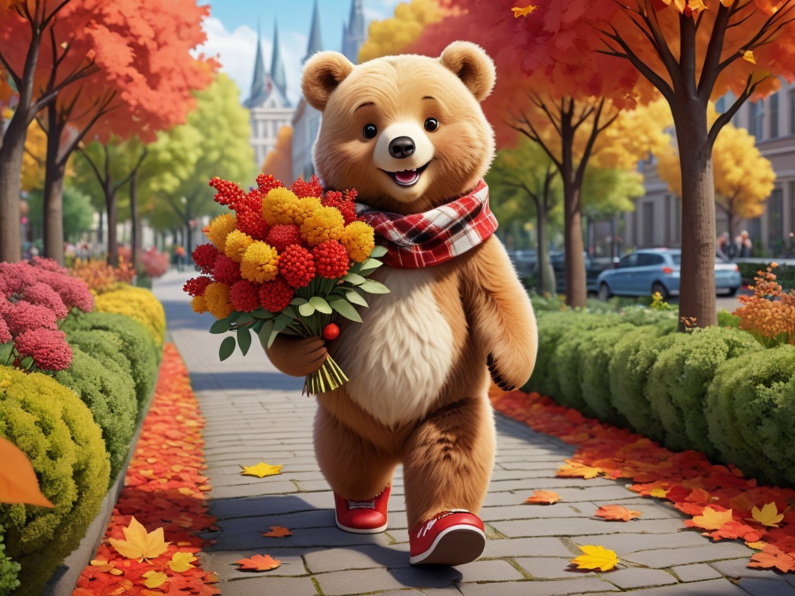 Autumn Stroll with a Cheerful Bear