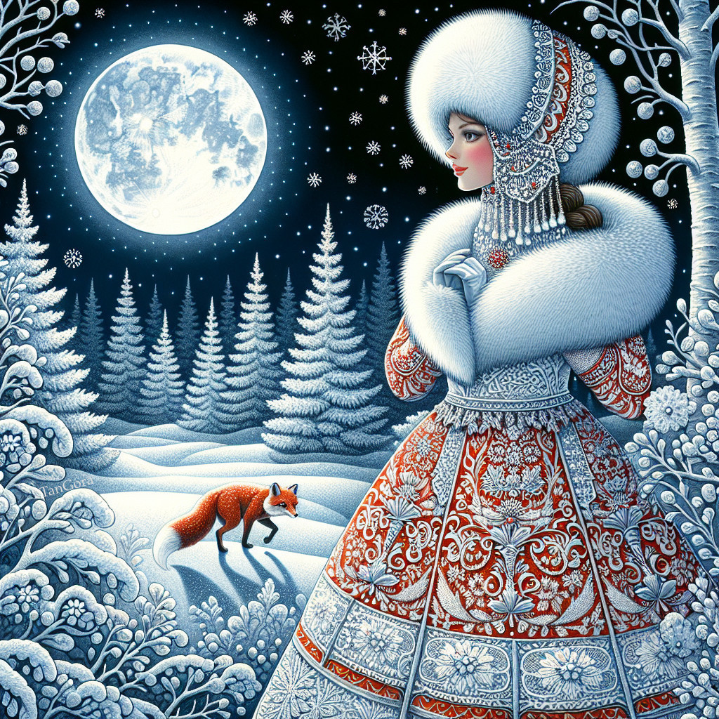 Winter Scene with Woman in Ornate Dress and Fox