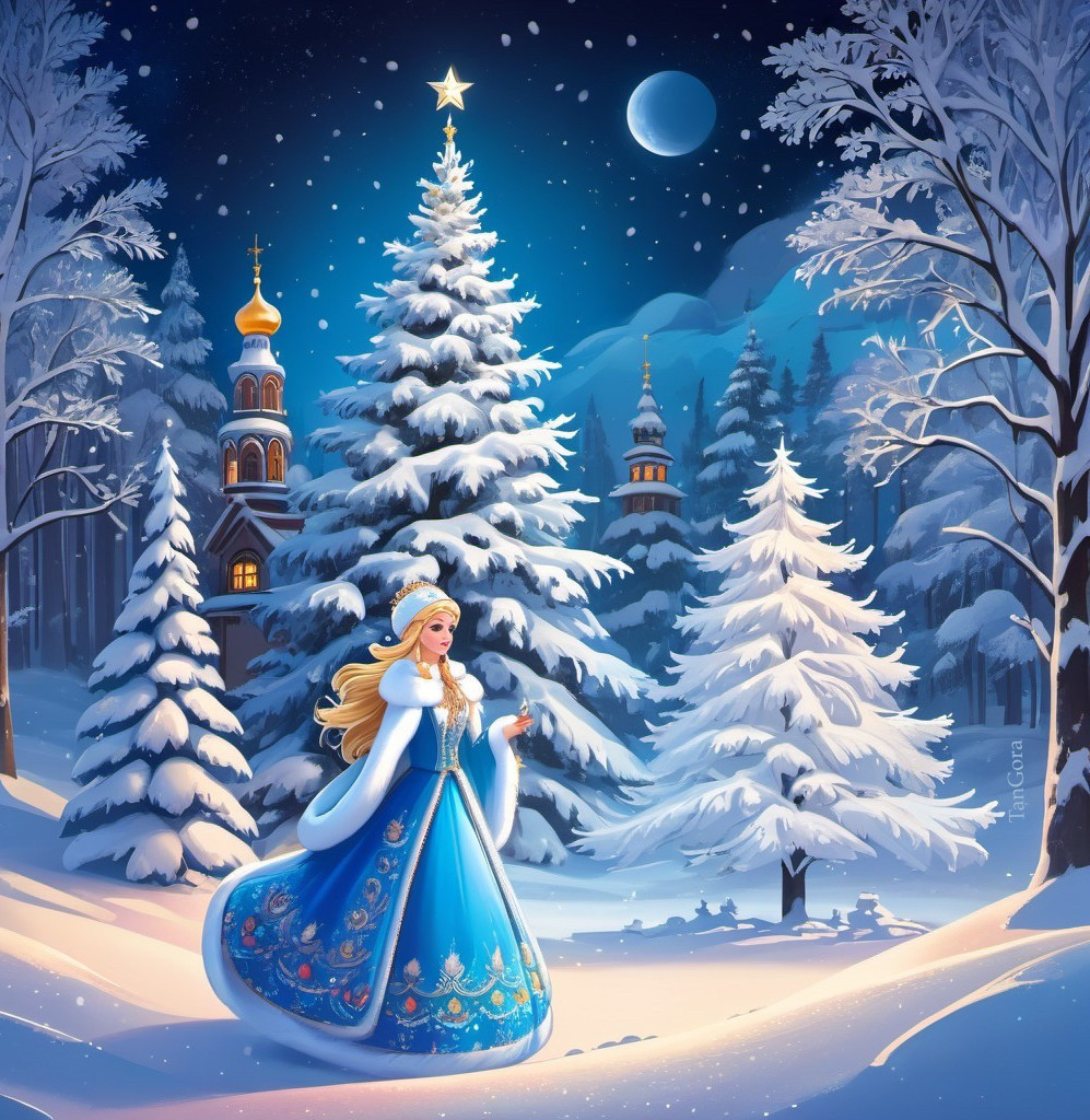 Winter Scene with Young Woman in Blue Gown