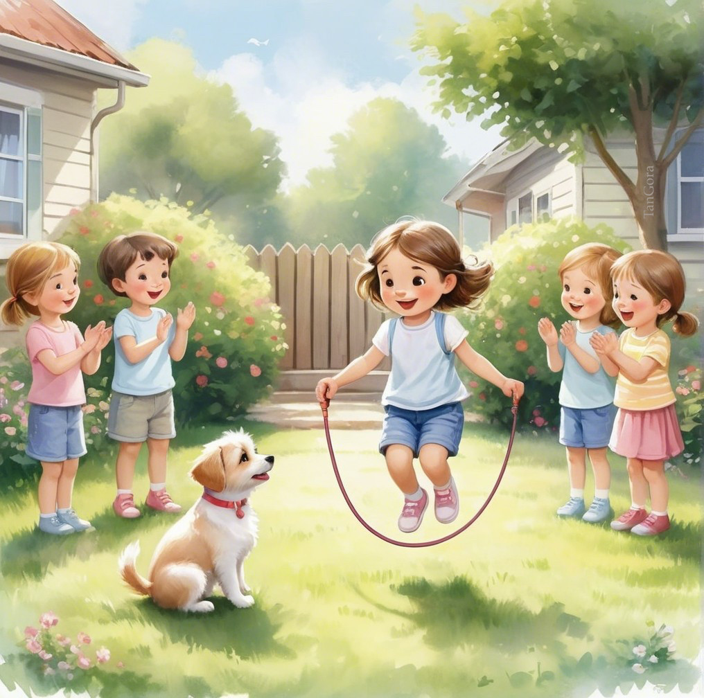 Young Girl Skipping Rope in Sunny Backyard Scene
