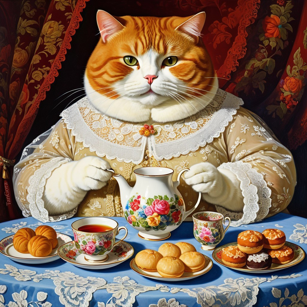 Regal Cat in Elegant Outfit at Tea Table Setting