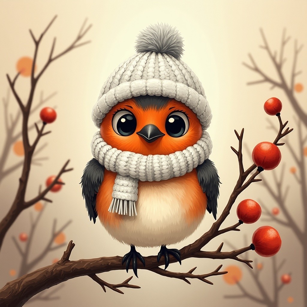 Cartoon Bird in Winter Attire on Berry-Laden Branch