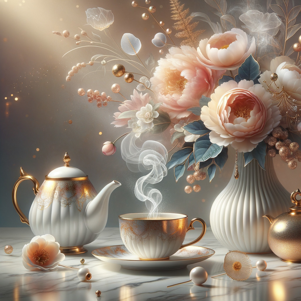 Elegant Tea Setting with Porcelain Teapot and Peonies