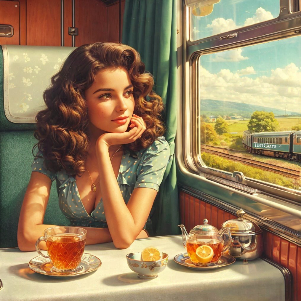 Young woman on vintage train with scenic view