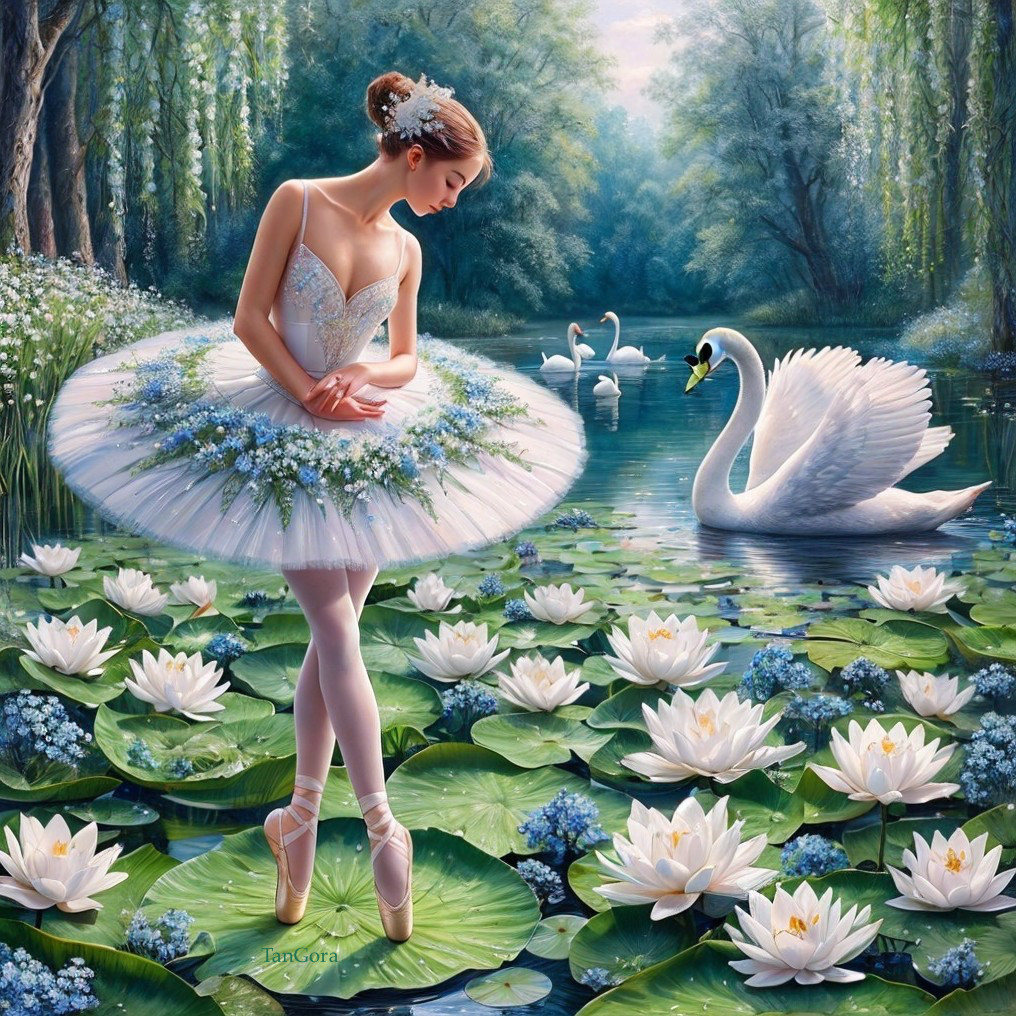 Ballerina in White Tutu Dancing on Lily Pond