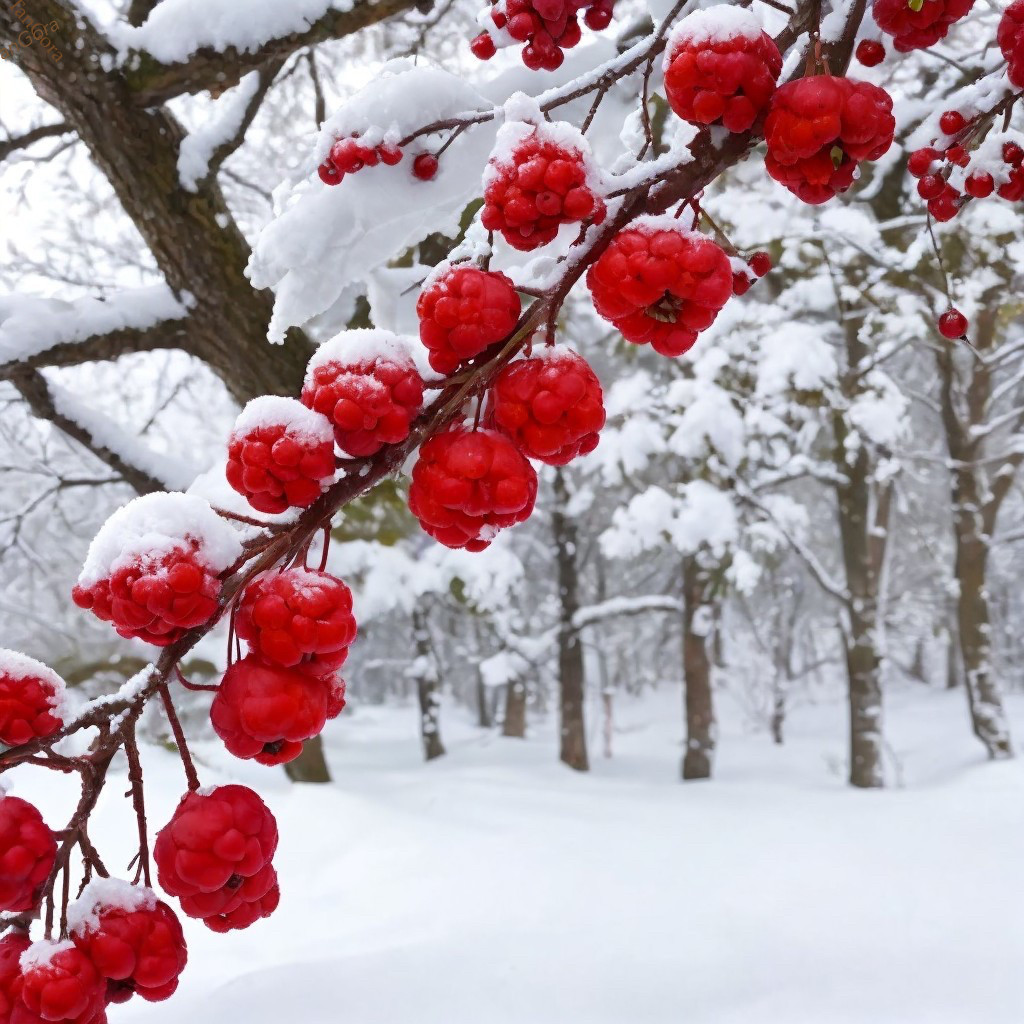 Close-Up of Red Berries on Snowy Branch