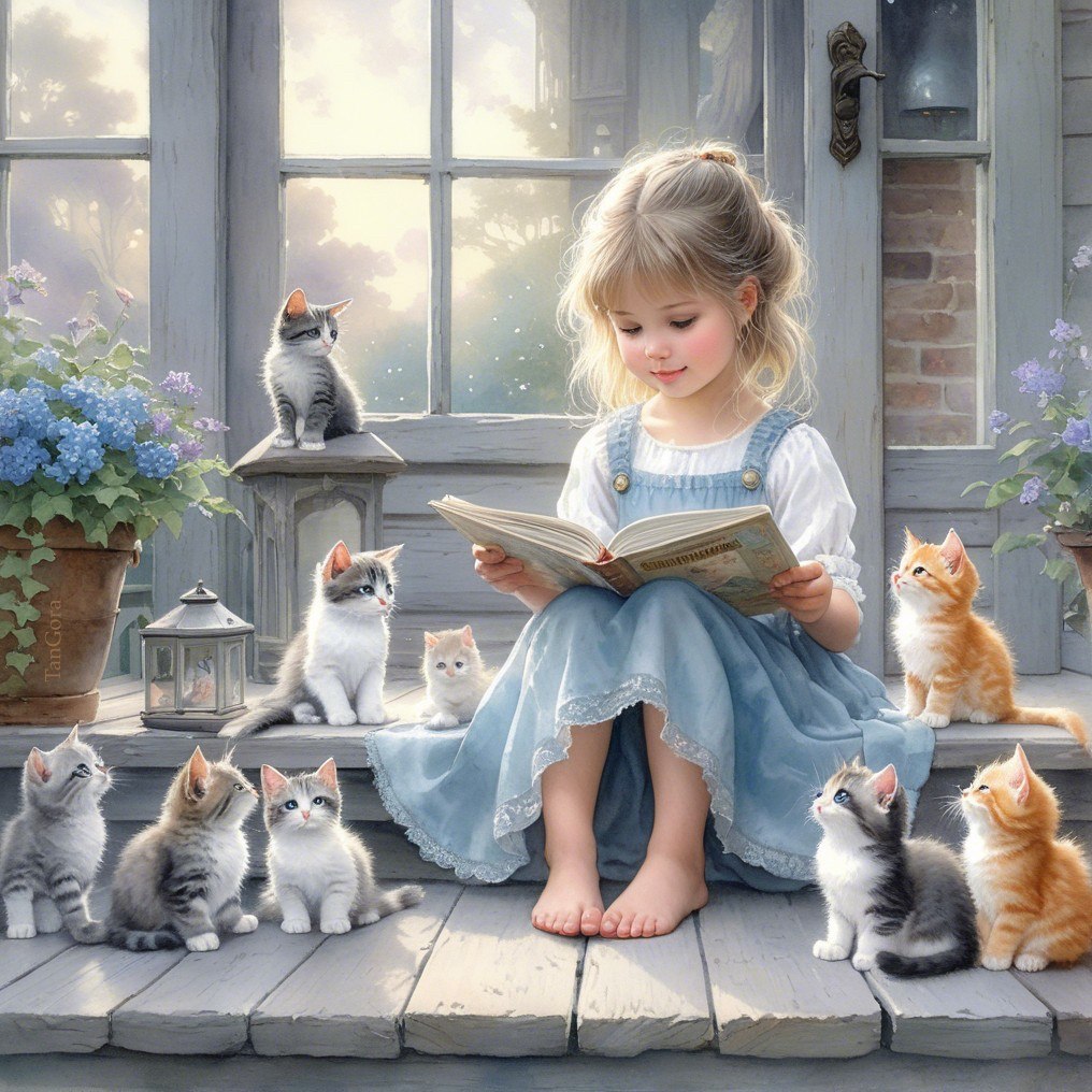 Young girl reading with playful kittens in outdoor setting