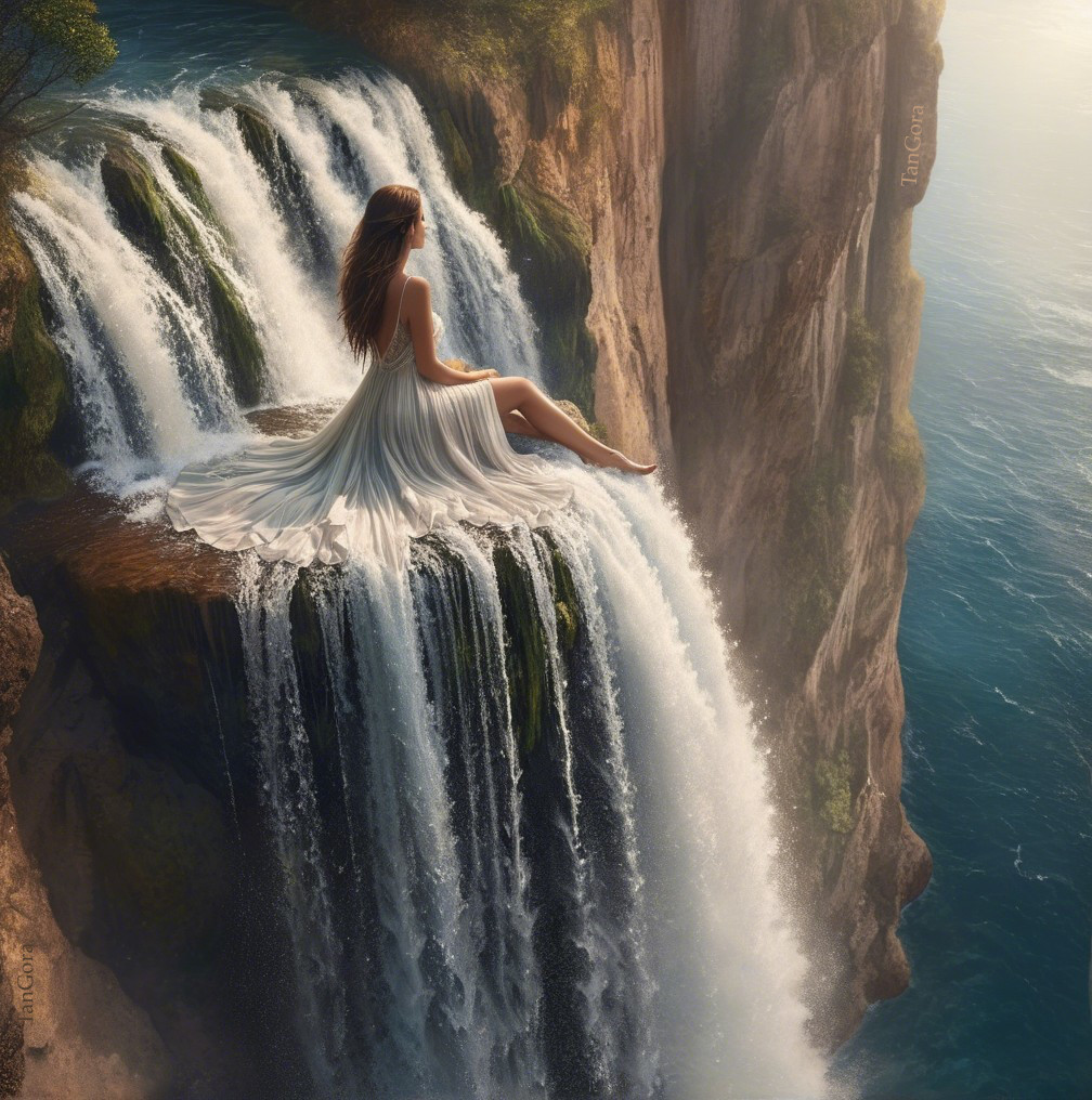 Woman in White Dress by Majestic Waterfall Scene