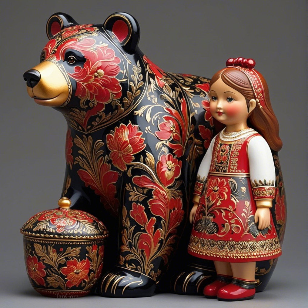 Bear Figurine and Girl in Traditional Attire Display