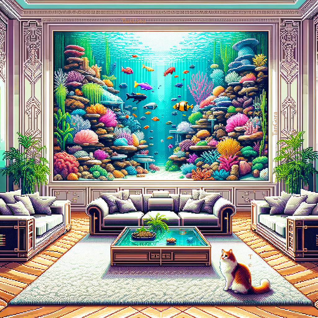 Vibrant Living Room with Aquarium Mural and Cat