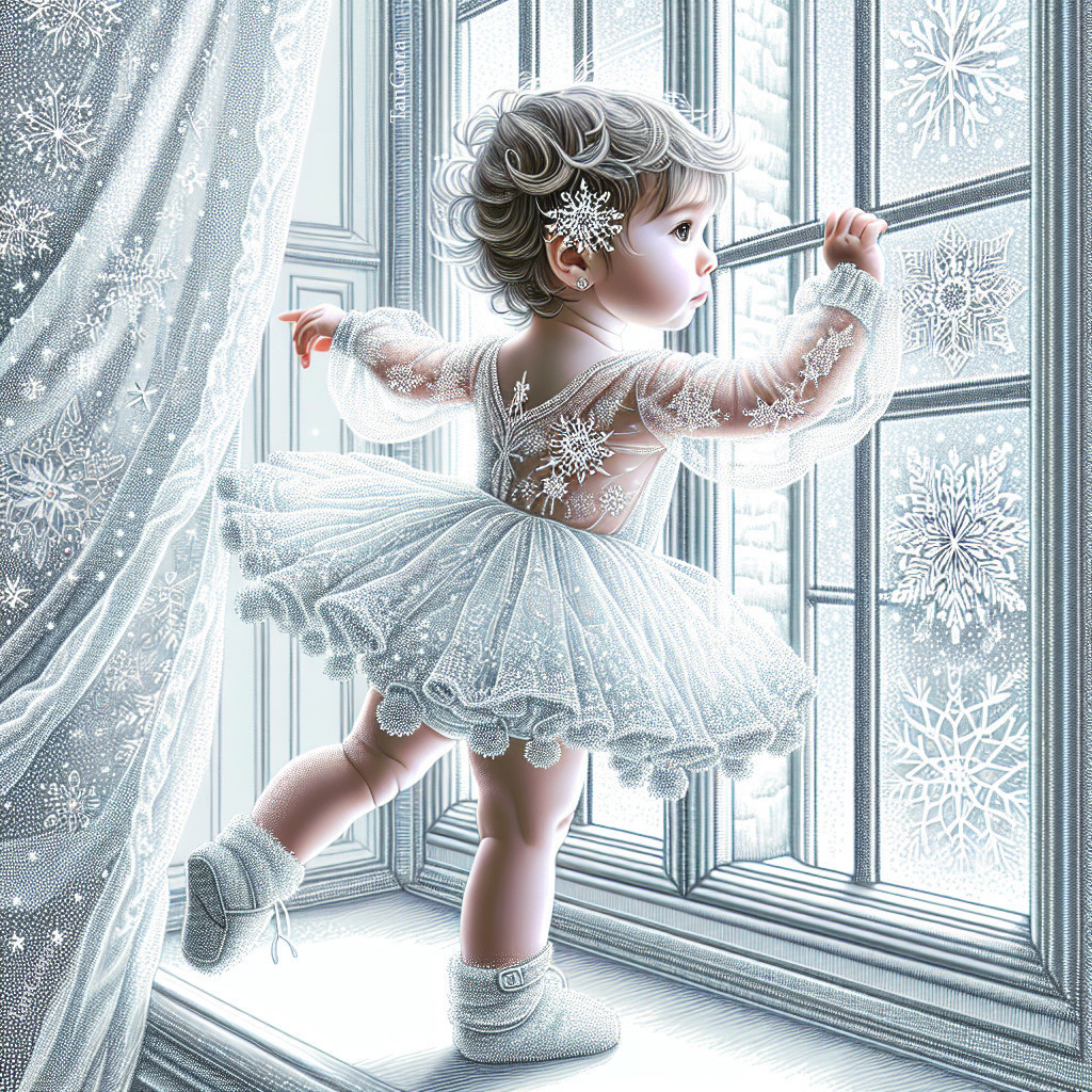 Baby girl in white tutu by snow-covered window