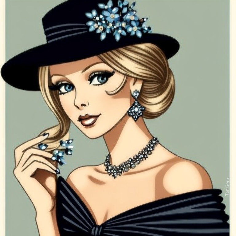 Glamorous Woman in Elegant Black Hat and Gown