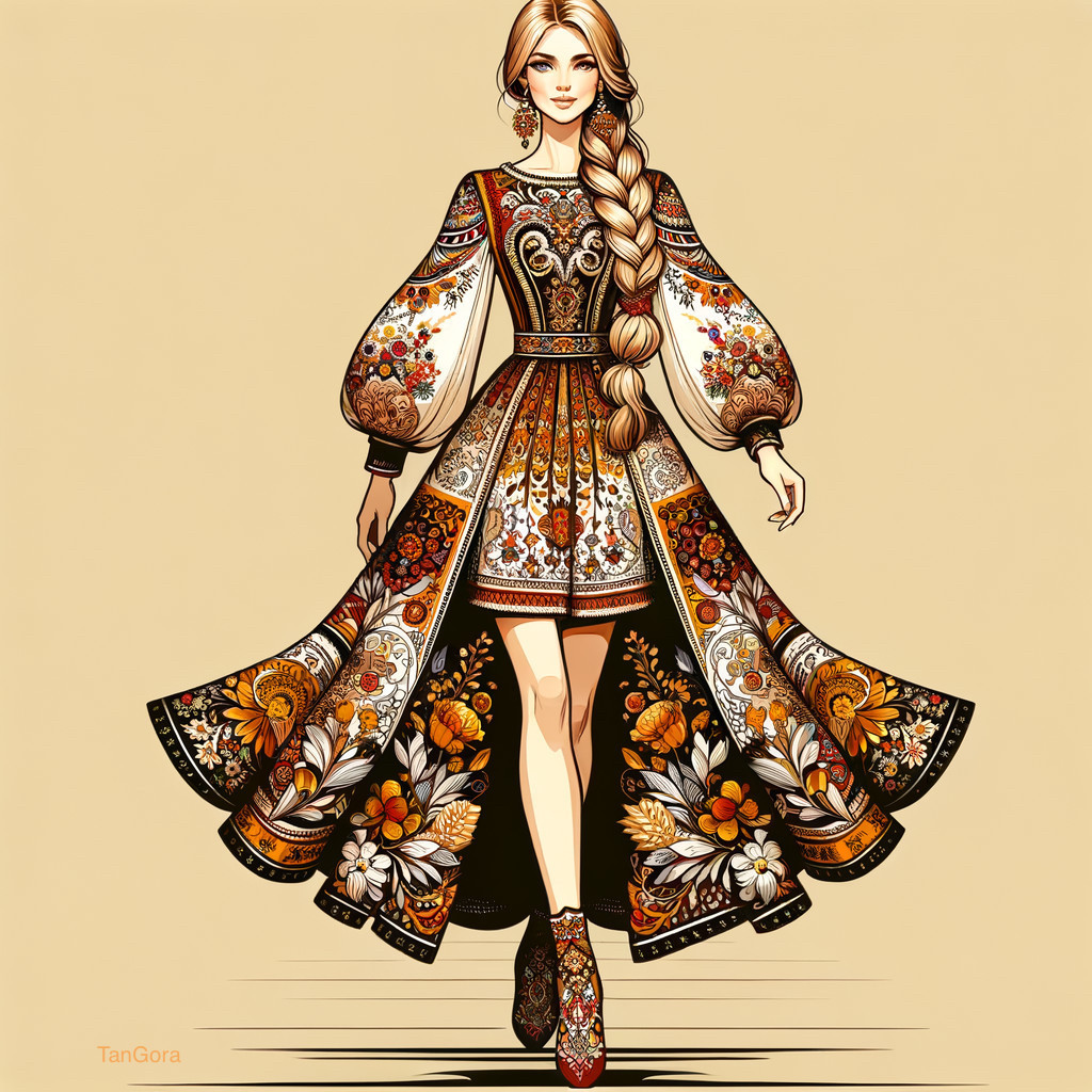 Detailed Illustration: Woman in Traditional Dress with Floral Patterns