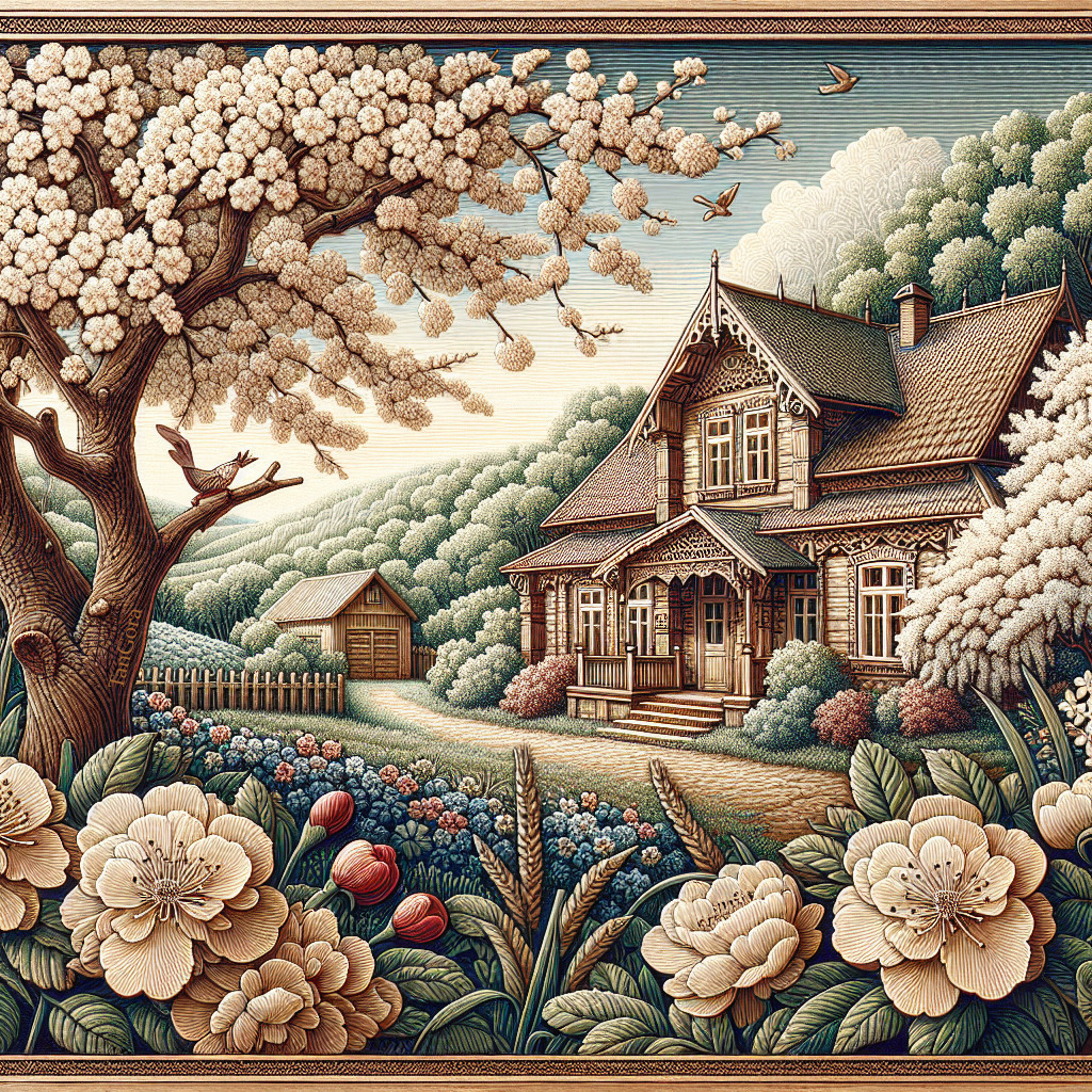 Charming Countryside Scene with Wooden House and Flowers