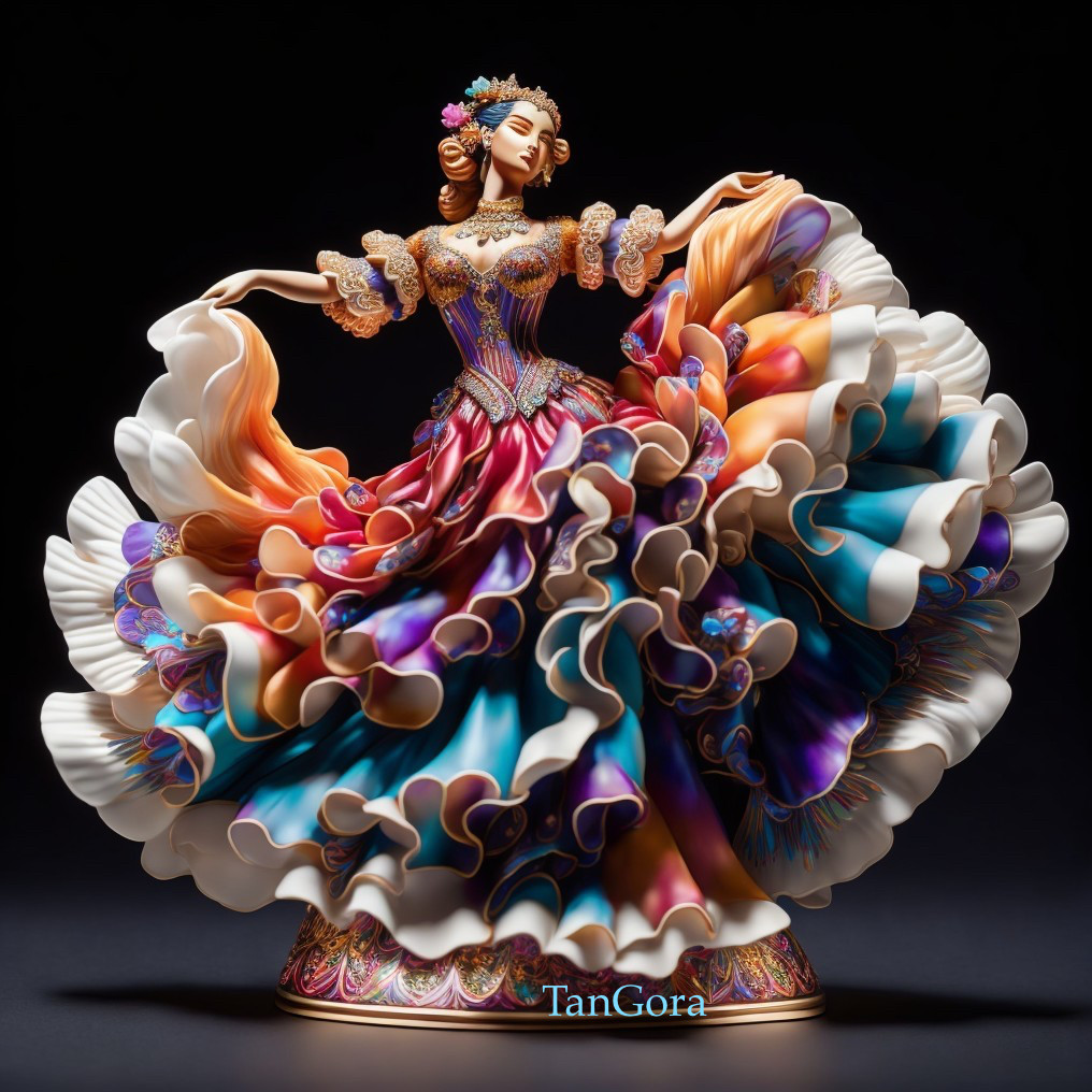 Porcelain flamenco dancer figurine with vibrant blue, orange, and white dress by TanGora