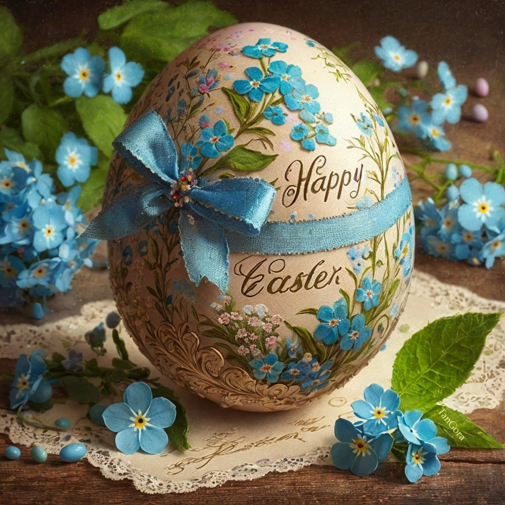 Intricate Floral Easter Egg with Blue Ribbon and Flowers