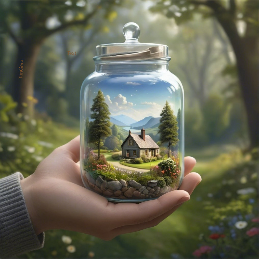 Miniature cottage scene in a glass jar with nature