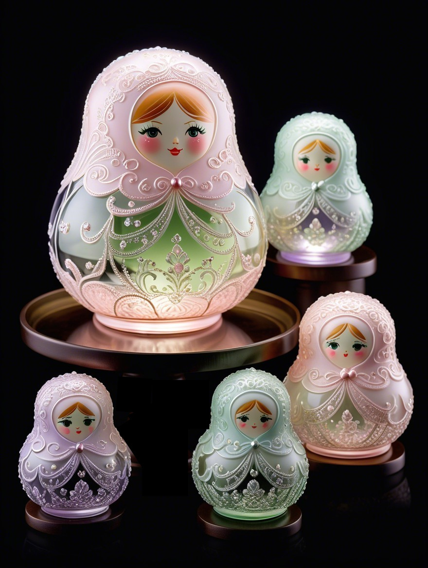 Translucent nesting dolls with floral designs displayed elegantly
