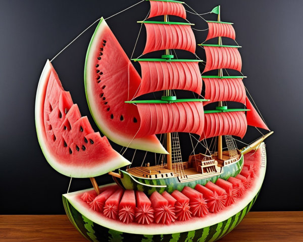 Watermelon Sculpture of a Sailing Ship with Carved Sails