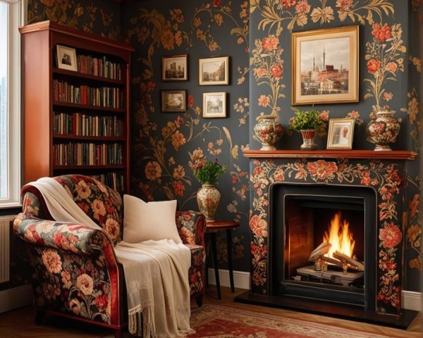 Cozy living room with floral wallpaper and fireplace