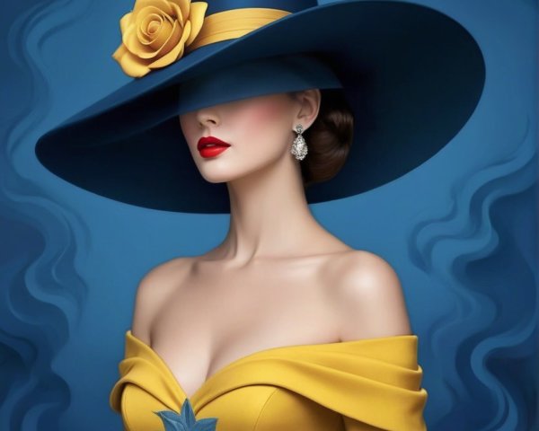 Elegant Woman in Yellow Gown with Dramatic Blue Hat