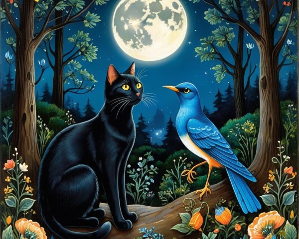 Moonlit Forest Scene with Black Cat and Blue Bird