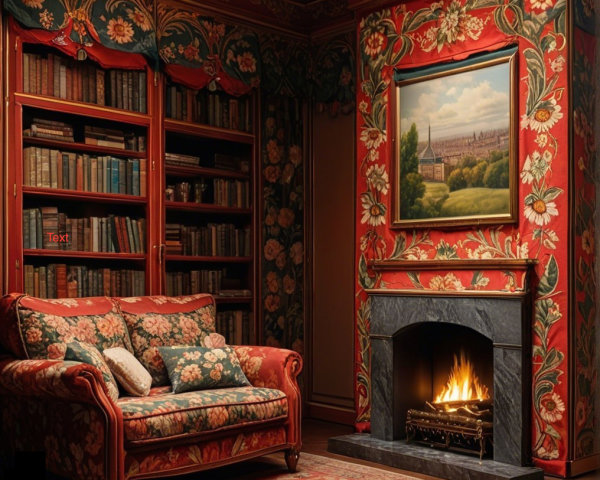 Cozy Room with Floral Wallpaper and Fireplace