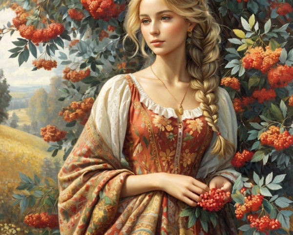 Young woman in gown among orange rowan berries