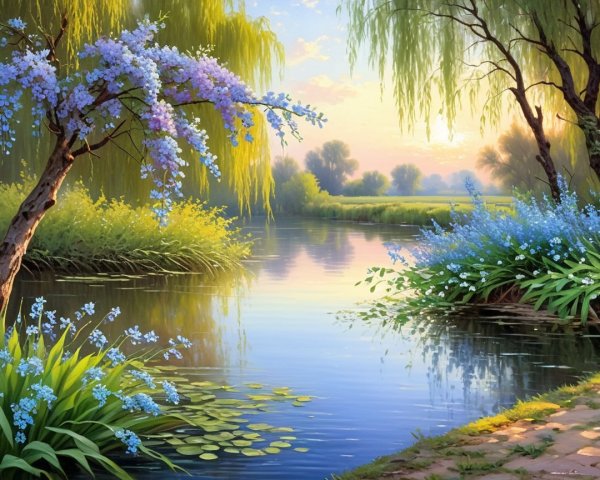 Serene Landscape with Calm River at Dawn