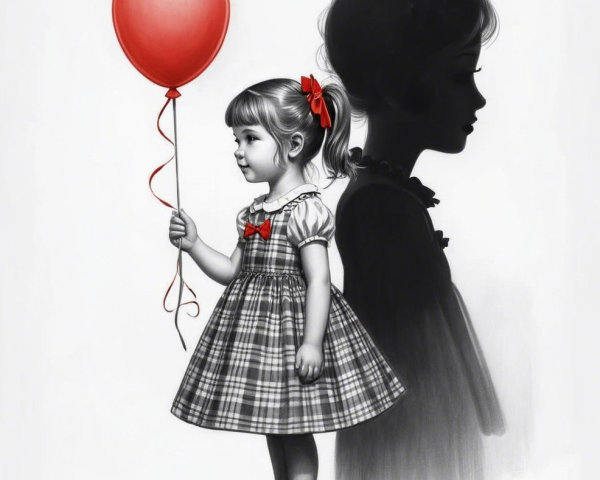Little girl with red balloon in plaid dress and shadows