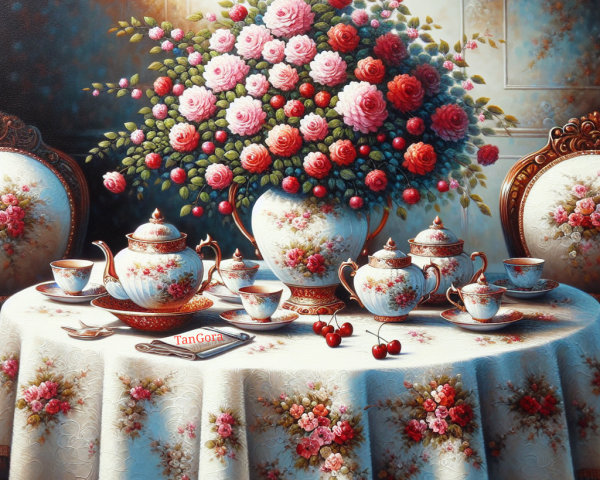 Elegant Table Setting with Floral Teapot and Centerpiece