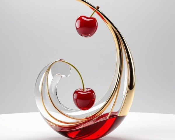 Elegant Glass Art Piece with Red Cherries and Gold Tones