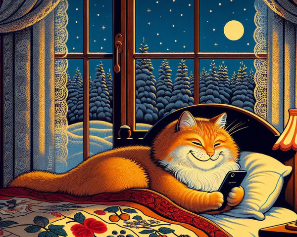 Cozy Bedroom with Cat, Moonlit Winter Scene