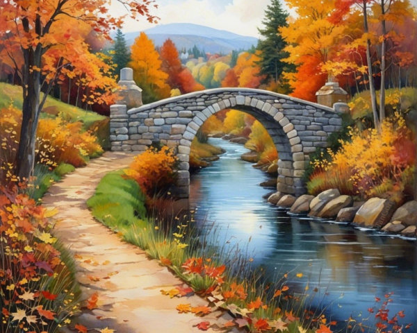 Autumn Landscape with Stone Bridge and Colorful Foliage