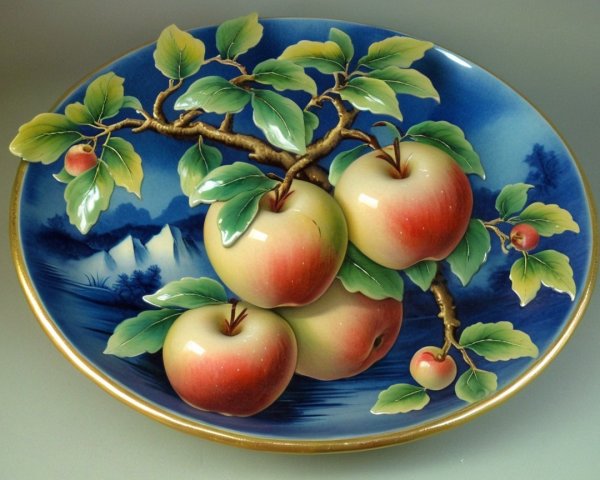 Decorative Plate with Apples and Serene Landscape
