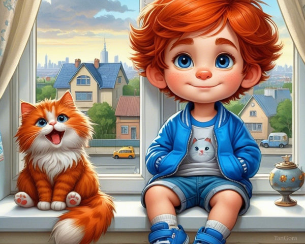 Cheerful boy with red hair and cat by window