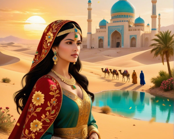 Regal Woman in Vibrant Attire in Desert Landscape