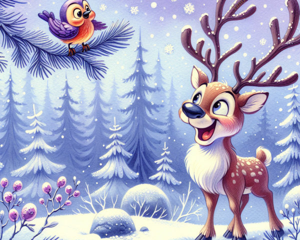 Whimsical Winter Landscape with Deer and Bird