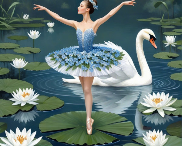 Ballerina in Blue Tutu on Lily Pad with Swans