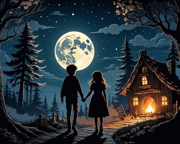 Children Under a Full Moon in a Tranquil Landscape