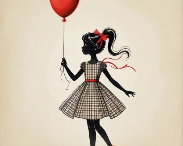 Silhouette of a girl with balloon and checkered dress