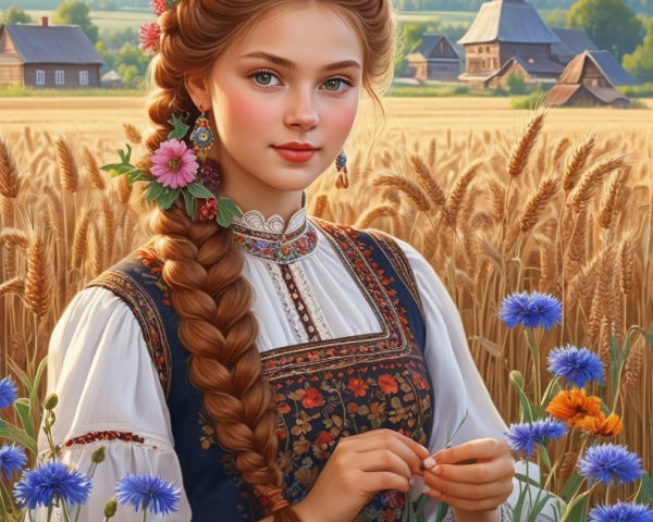 Young Woman in Embroidered Dress in Golden Field