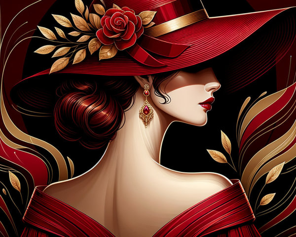 Elegant woman in red hat and dress with floral accents