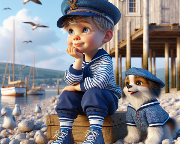 Young Boy in Sailor Outfit by the Water with Dog