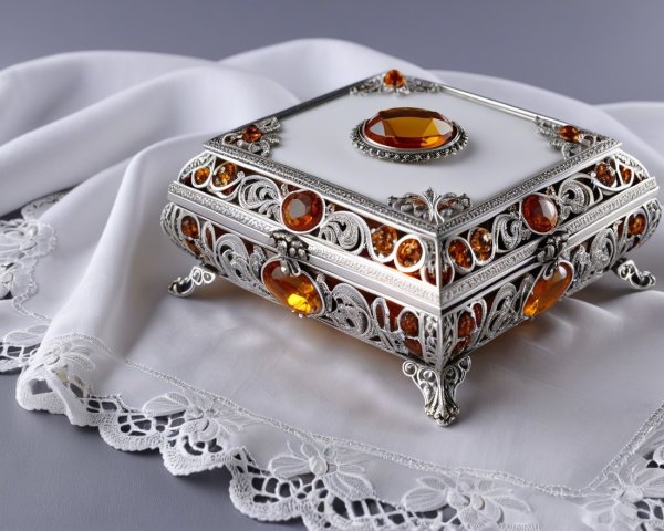 Ornate jewelry box with silver filigree and amber gems