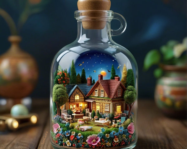Miniature Cottage Scene in Glass Jar with Lights