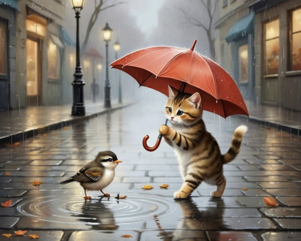 Striped Cat with Umbrella in Rainy Cobblestone Scene