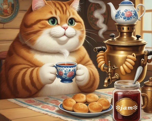 Charming illustration of a content cat with teacup
