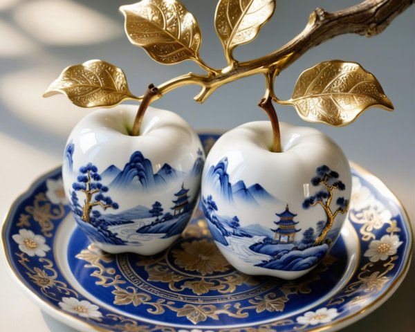 Porcelain Apple Figurines on Decorative Plate